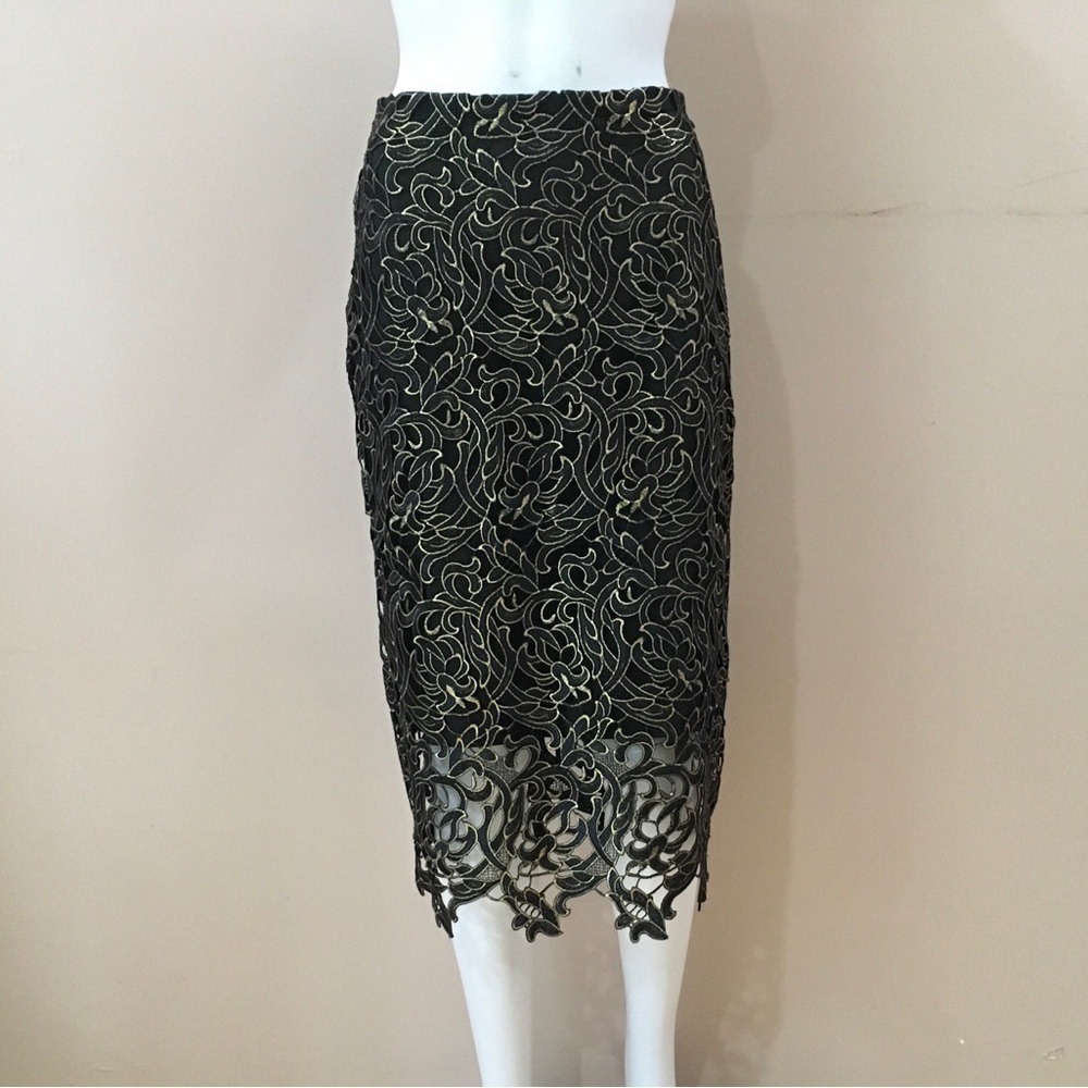 Boston Proper Skirt Pencil Midi Black Lace With Gold Size 0 Womens — image 7 of 8